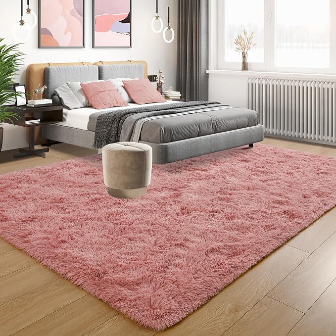 Tepook Blush Pink Area Rugs for Living Room Girls Bedroom, 4x6 Fluffy Shaggy Dusty Pink Rug for Kids Room Playroom, Plush Shag Non-Slip Carpet for Nursery Dorm Classroom, Cute Rose Beige Rug