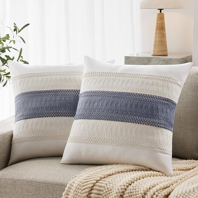 2pk Boho Pillow Covers 24x24, Natural White/Contrast/Blue | 100% Organic Cotton Body, Stripe Embroidery, Farmhouse Decorative Cushion Covers for Sofa Bed Living Room Home Decor