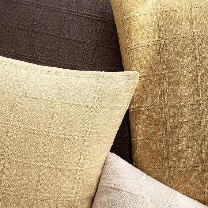 Foindtower Set of 2 Decorative Linen Check Throw Pillow Covers Neutral Farmhouse Vintage Cushion Covers Modern Boho Accent Home Decor for Sofa Chair Couch Bedroom Living Room,18×18 Inch,Light Yellow