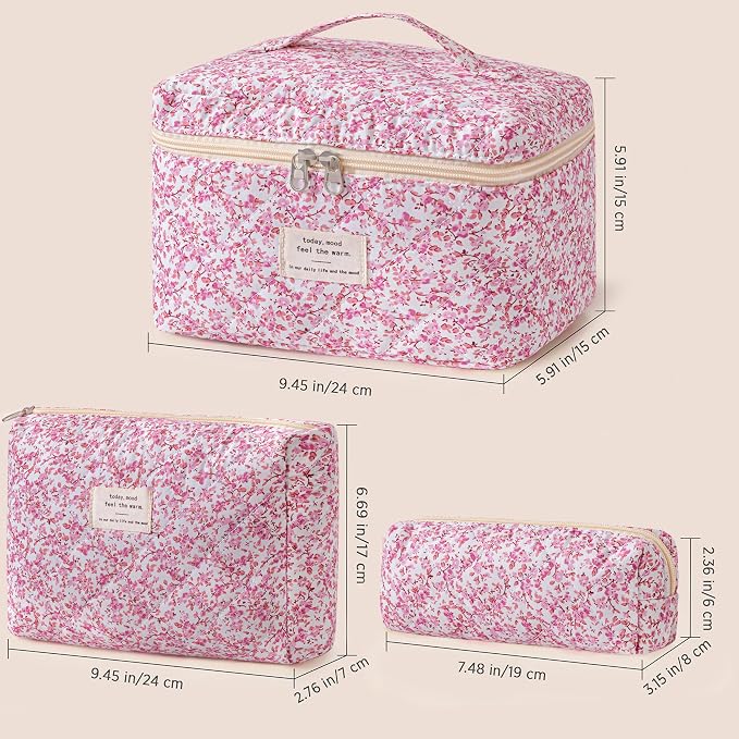 HBselect Quilted Makeup Bag, 3PCS Cotton Large Travel Makeup Bag, Cute Floral Coquette Make up Bag Cosmetic Bag Toiletry Bag for Women Girls