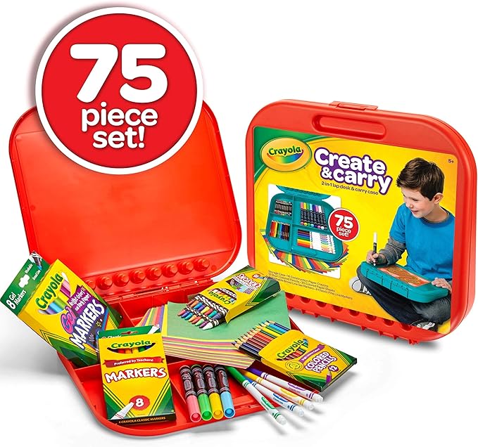 Crayola Create 'N Carry Travel Art Set for Kids (75pcs), 2-in-1 Lap Desk & Carrying Case, Essential Easter Basket Stuffers, Art Supplies Kit, Spring Crafting, Gift for Kids