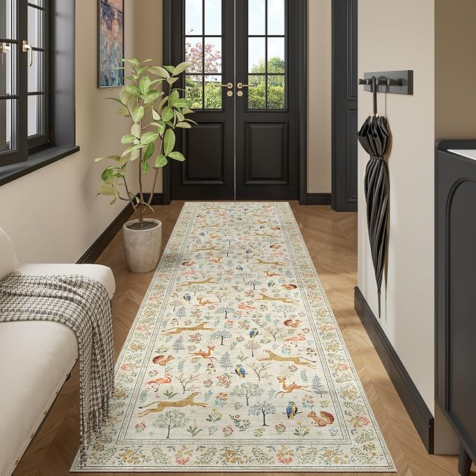 DUKINO 3x10 Washable Runner Rug, Non Slip Animal Rug for Hallway, Beige | Low Pile, Stain Resistant, Soft Thin Indoor Rug Runner for Kitchen, Entryway, Bedroom, Bathroom, Pet Friendly, Non-Shedding