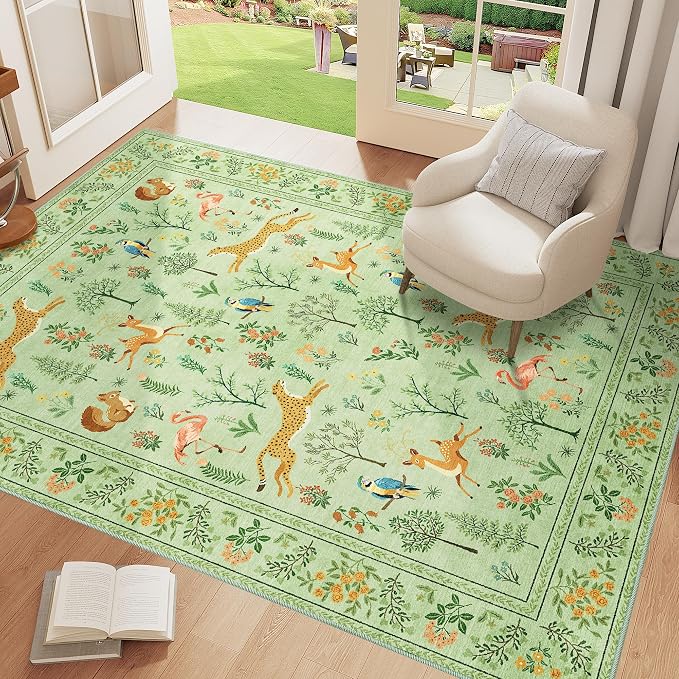 DUKINO 3x5 Rug, Washable Animal Area Rug for Bedroom Non Slip, Light Green | Low Pile, Stain Resistant, Soft Indoor Carpet for Living Room, Kitchen, Dining Room, Nursery, Lightweight, Pet Friendly