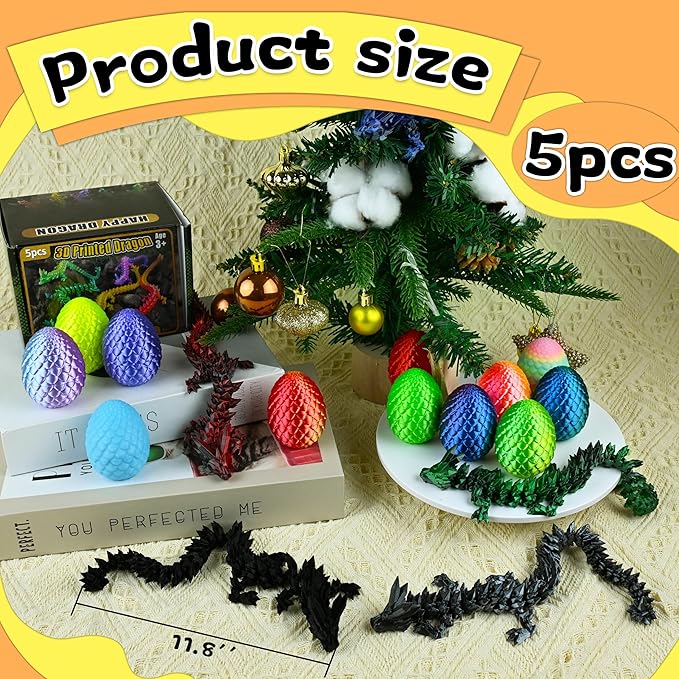 5PCS Dark Series 12" 3D Printed Dragon Set – Articulated Crystal Dragons, Cool Desk Toys for Adults & Teens, Unique 3D Printed Animals, Gothic Fantasy Decor, Novelty Gift for Men & Boys
