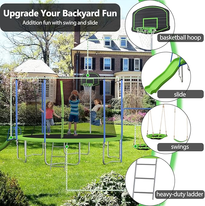 Lyromix 12-14FT Trampoline With Slide, Swings, Basketball Hoop and Ladder - ASTM Approved Outdoor Backyard Recreational Equipment With Net, Capacity for 5-7 Kids and Adults