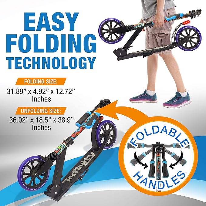SereneLife Two Wheel Scooter for Teens, Smooth Gliding Kick Scooter for Adults w/Adjustable Height for Ages 8+, Portable All Terrain Scooter w/Carry Straps, Easy to Fold