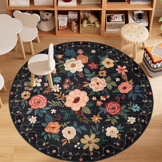 DUKINO 5ft Round Rug, Non Slip Floral Washable Small Circle Rug, Black | Soft, Low Pile, Floral Indoor Area Rug for Bedroom, Living Room, Kids Room, Office, Pet Friendly, Stain Resistant, Home Decor