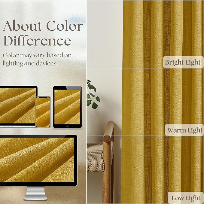 Mustard Yellow Pleated Semi Sheer Linen Curtains 120 Inches Long 2 Panel | Extra Long for Living Room Bedroom Ceiling Floor, Light Filtering, 400GSM Linen Fabric, Pinch Pleat Memory Shape Trained