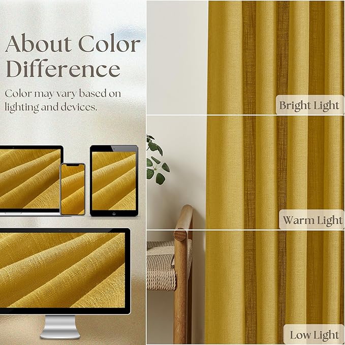 Mustard Yellow Pleated Semi Sheer Linen Curtains 102 Inches Long 2 Panel | for Living Room Bedroom Sliding Patio Door, Pinch Pleated Drape with Hooks Rings for Track System, Light Filtering, Farmhouse