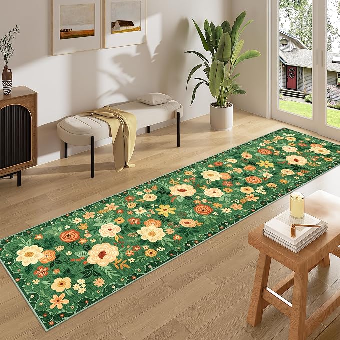 DUKINO 2x8 Runner Rug, Washable Runner Rug for Kitchen Non Slip, Dark Green | Low Pile, Floral, Soft Indoor Rug for Hallway, Entryway, Bedroom, Bathroom, Pet Friendly, Stain Resistant, Modern Home Decor