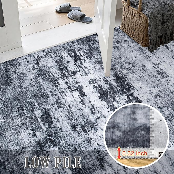 5x8 Area Rug Living Room Rug: Washable Modern Abstract Soft Thin Rug Indoor Floor No Slip Stain Resistant Carpet for Bedroom Dining Room Farmhouse Nursery Home Office - Black