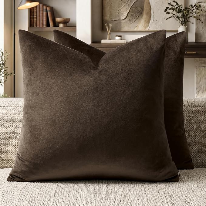 GIGIZAZA Brown Velvet Pillow Covers 16x16 Decorative Pillows Pack of 2 | Throw Pillows for Couch Sofa,280gsm Soft Textured Fabric,Modern Square Pillowcases,Luxury Cushion Covers