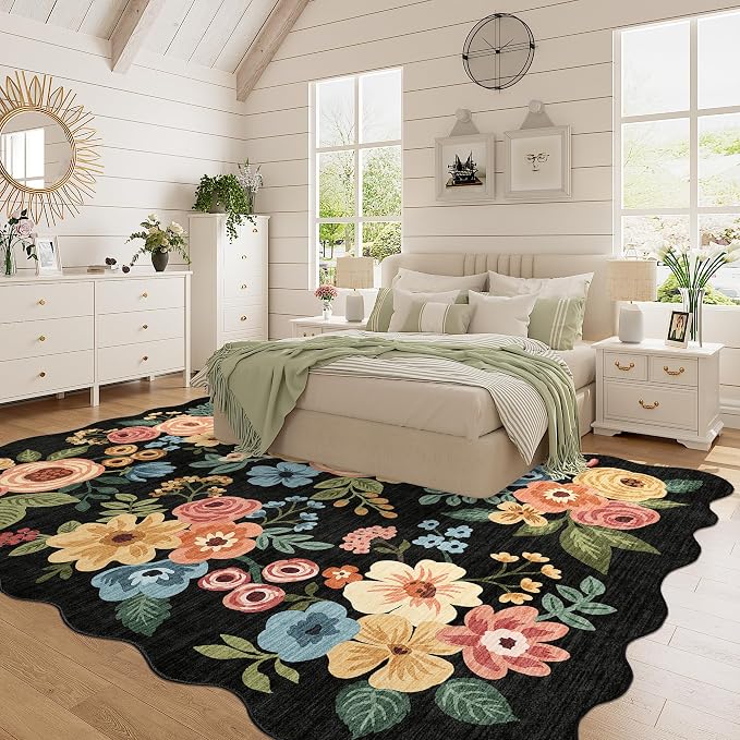 DUKINO 5x7 Area Rugs for Bedroom, Floral Washable Rug Non Slip, Black | Low Pile, Soft, Stain Resistant Throw Rugs for Living Room, Dining Room, Office, Nursery, Pet Friendly, Modern Home Decor