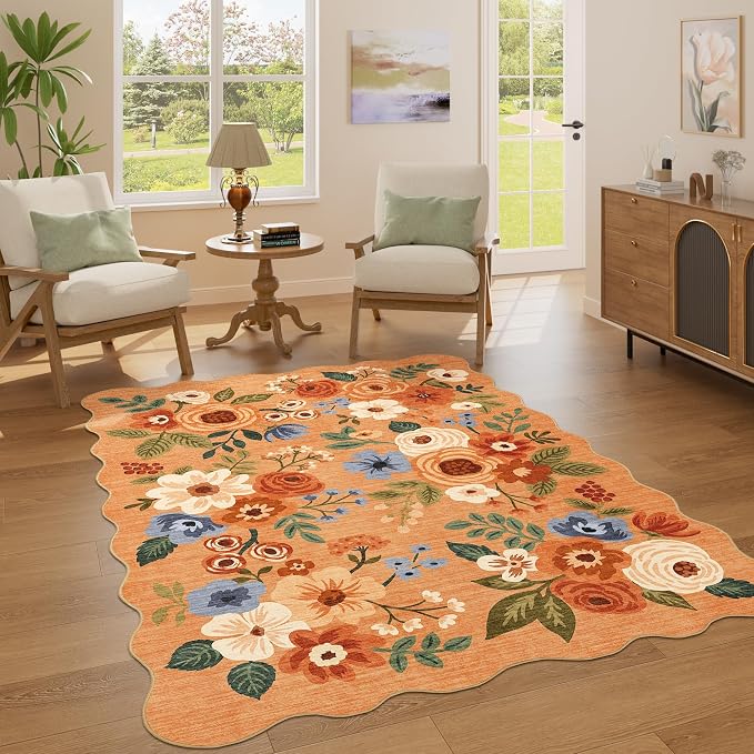 DUKINO 4x6 Area Rug, Non Slip Floral Washable Rug for Living Room, Orange | Low Pile, Stain Resistant, Soft Throw Rugs for Bedroom, Office, Dining Room, Nursery, Pet Friendly, Home Decor, Lightweight