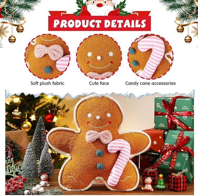 Liliful Christmas Plush Stuffed Gingerbread Man Toy 16 Inch Soft Aesthetic Gingerbread Man Pillow Stuffed Xmas Toys for Christmas Party Favors Decorations (Teddy Plush)