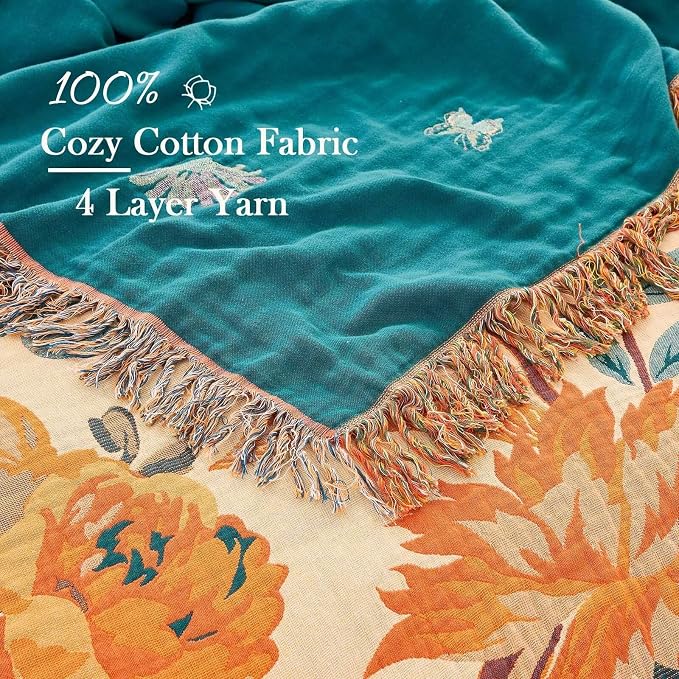 XIBLC Boho Throw Blanket for Bed, 100% Cotton Soft Rustic Quilt Fall Blanket, 90"x98" Floral Printed Farmhouse Decor Bed Blankets, All Season Rustic Reversible Bohemian Throw Quilt