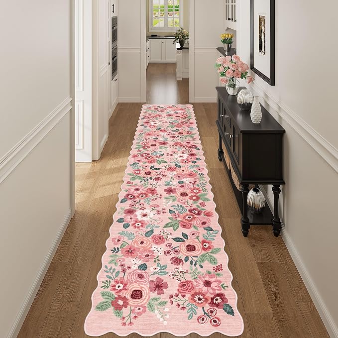 DUKINO 2.6x12 Washable Runner Rug, Floral Non Slip Long Kitchen Rug, Pink | Low Pile, Stain Resistant, Soft Throw Rugs Runner for Hallway, Entryway, Bedroom, Bathroom, Modern Home Decor, Non-Shedding