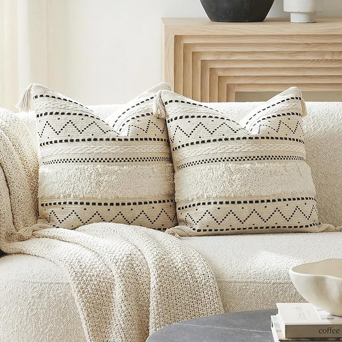 Decorative Throw Pillow Covers 20x20 Combo Set of 2 Square Boho Black Neutral Accent Pillowcase Tassels Farmhouse Cushion for Couch Sofa Bedroom Living Room Home Décor Cover ONLY