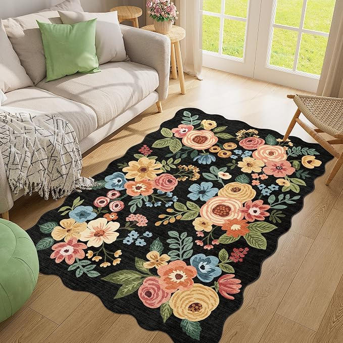 DUKINO 4x6 Area Rug, Non Slip Floral Washable Rug for Living Room, Black | Low Pile, Stain Resistant, Soft Throw Rugs for Bedroom, Office, Dining Room, Nursery, Pet Friendly, Home Decor, Lightweight