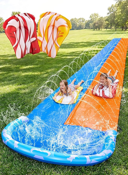 JOYIN 32.5FT Water Slide and 2 Inflatable Boards, Extra Long Double Lawn Heavy Duty Splash Mat Pad with Sprinkler for Kids Adults Backyard Summer Water Toy Outdoor Fun, Blue, Orange