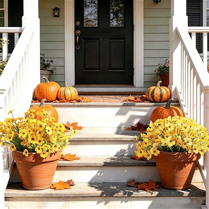ColoPlay 24 Bundles Yellow Artificial Flowers for Outdoors, Fake Flowers | Fake Fall Flowers Faux Mums for Outdoor Planters, UV Resistant Fall Decoration for Home Garden Porch Wedding Farmhouse