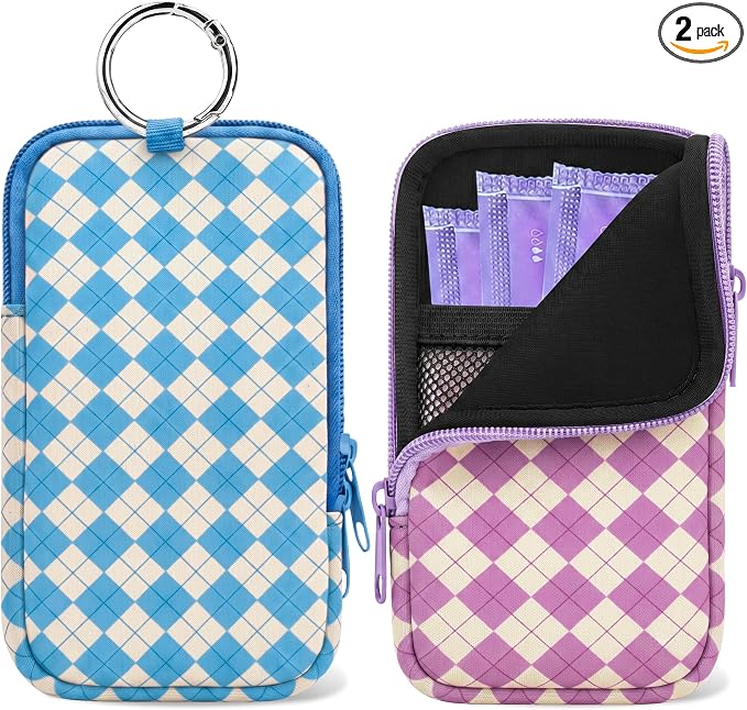 2 Pack Portable Tampon Holder Zippered Pouch with Snap Hook, Waterproof Travel-Friendly Discreet Period Bag, Feminine Products Organizer for Women Purse (Diamond（Purple+Blue)