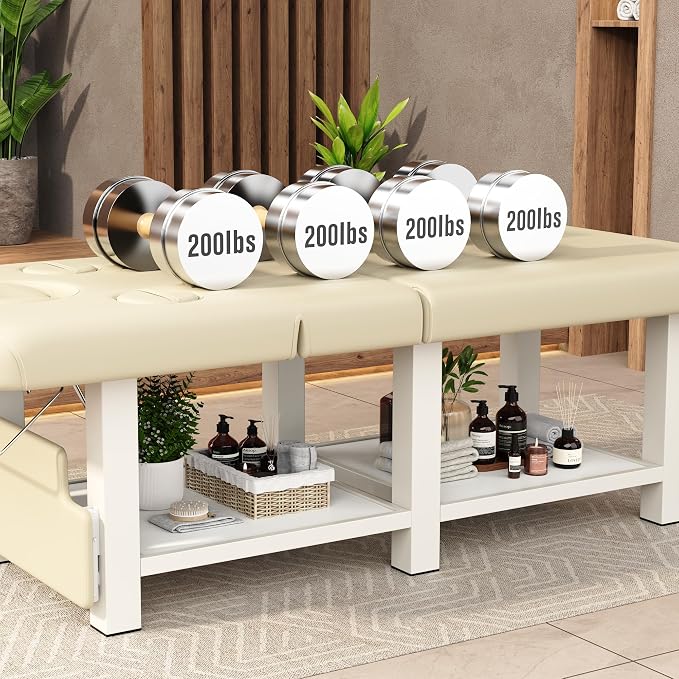 Extra Large 34''×80'' Folding Stationary Massage Table with Adjustable Backrest, Heavy-Duty Metal Frame PU Leather Treatment Bed for Spa, Physical Therapy, Tattoo, Facial & Medical Exam - Beige Gray