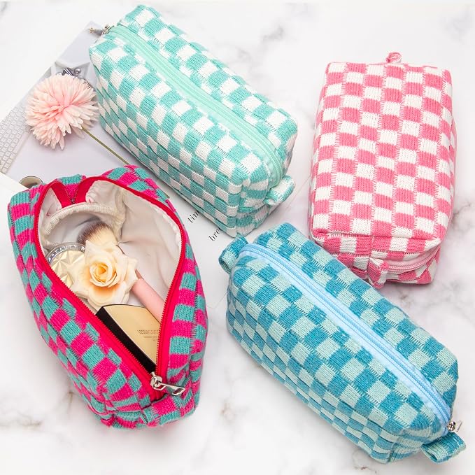 Checkered Makeup Bag for Purse Portable Zipper Make Up Pouch Small Cosmetic Case for Travel Accessories Pink White