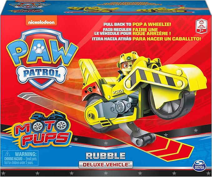 Paw Patrol, Moto Pups Rubble’s Deluxe Pull Back Motorcycle Vehicle with Wheelie Feature and Toy Figure
