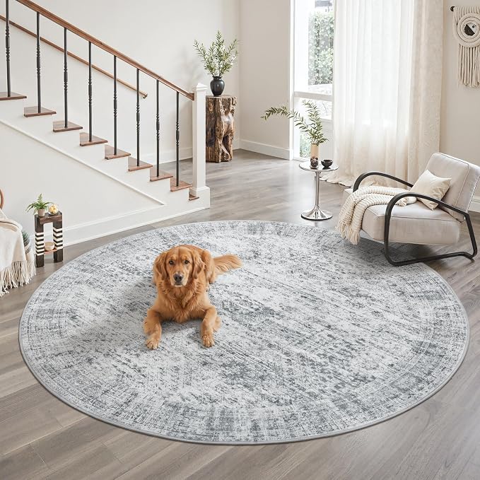 Soalmost Round Rugs 9ft Living Room Circle Area Rug 9x9 Grey Vintage | Washable Non Slip Indoor Carpet for Apartment, Dining Bedroom, Soft Low Pile Stain Resistant Foldable Floor Mat Entryway