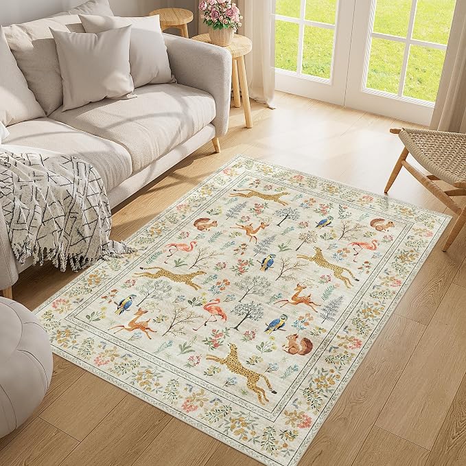 DUKINO 4x5 Area Rug, Washable Animal Rug for Entryway Non Slip, Beige | Low Pile, Soft Indoor Carpet for Bedroom, Kitchen, Office, Kids Room, Farmhouse, Pet Friendly, Stain Resistant, Home Decor