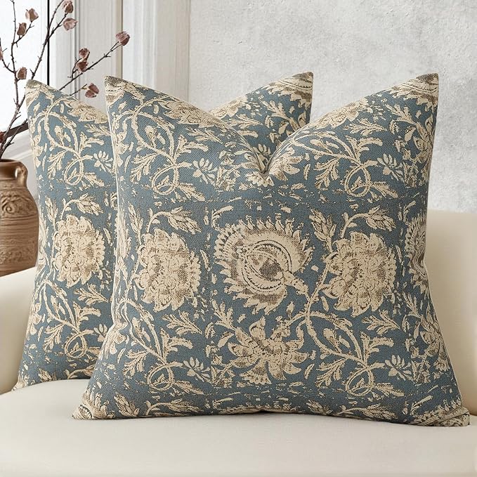 Vintage Floral Print Throw Pillow Covers 18x18 Set of 2 Neutral Modern Farmhouse Pillowcase Accent Decorative Cushion Covers Boho Home Decor for Couch Sofa Chair Bed Living Room, Dusty Blue