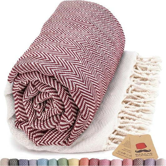 Bazaar Anatolia Turkish Beach Towel 100% Cotton Bath Towels 71x39 Quick Dry Sand Free Lightweight Large Oversized Herringbone Maroon