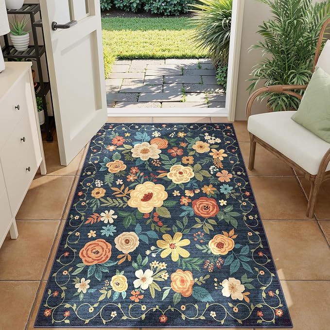 DUKINO 3x4 Area Rug, Floral Washable Rug for Kitchen Non Slip, Navy Blue | Low Pile, Soft, Stain Resistant Indoor Rug for Entryway, Bedroom, Bathroom, Laundry, Pet Friendly, Home Decor, Lightweight