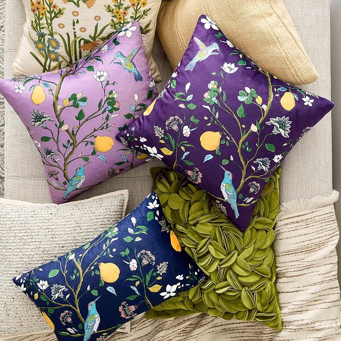 MUSSEL Purple Velvet Floral Decorative 20x20 Pillow Covers Set of 2 | Durable Sturdy,Botanical Printed Pattern,Throw Pillows Case,Square,Colorful Mid Century Cushion Covers,Sofa Couch Decor