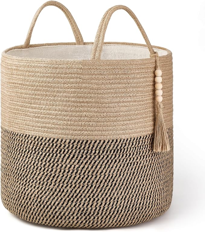 Mkono Woven Storage Basket for Blanket, Toys Plant Organizer, 16"W x 13.8"L | Yellow and Black, Decorative Basket with Handle, Wood Beads Tassel, Shoes Clothes Storage Bin, Living Room Bedroom Nursery