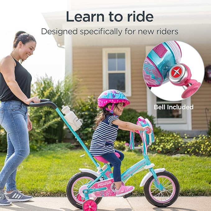 Schwinn Petunia and Grit Bike, 12 Inch Bike for Kids Ages 2-4, Orange, Teal, Pink or Blue, Steerable Beginner Bicycle with Training Wheels, Parent Push Handle, Rear Coaster Brake, Adjustable Seat