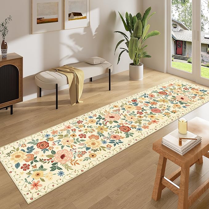 DUKINO 2x8 Kitchen Runner Rug, Washable Runner Rug Non Slip, Beige Yellow | Low Pile, Floral, Soft Indoor Rug for Hallway, Entryway, Bedroom, Bathroom, Pet Friendly, Stain Resistant, Modern Home Decor