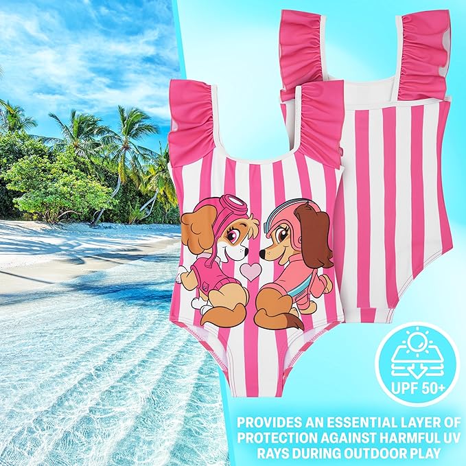 Paw Patrol | Bluey Girls Swimsuit, One Piece Toddler Bathing Suit with Ruffle Shoulder UPF 50+ Pool, Beach Swimwear
