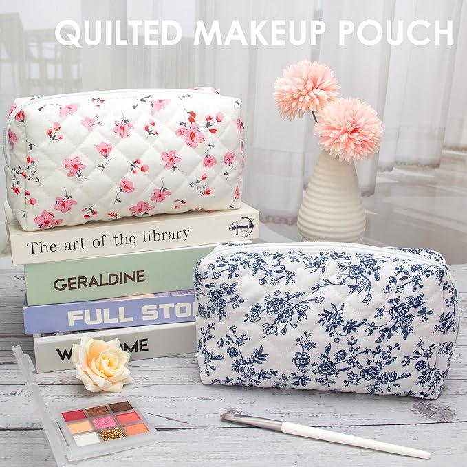 PAZIMIIK Small Quilted Makeup Bag,Zipper Cosmetic Pouch,Jouy Blue | Lightweight Cosmetic Bag Organizer for Women,Purse Storage Holds Makeup,Toiletries,Skincare,Beauty Essentials,Travel Items