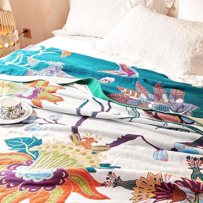 VANJOROY Boho Throw Blanket, 100% Organic Cotton Breathable Skin-Friendly Ultra Soft Bed Quilt Throw - All Season Floral Bird Farmhouse Décor Luxury Blanket for Sofa Couch Chair and Gift. 80" x 90"