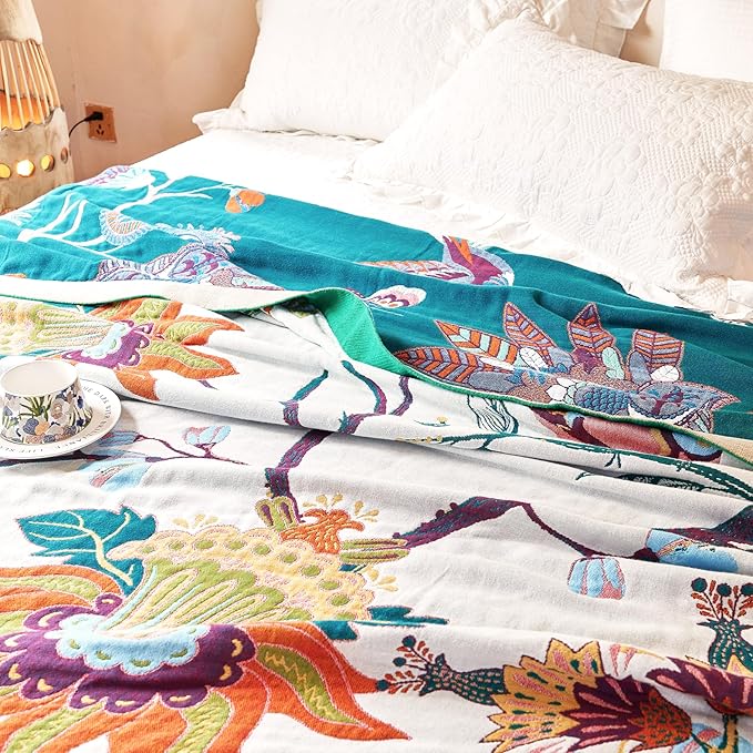 VANJOROY Boho Throw Blanket, 100% Organic Cotton Breathable Skin-Friendly Ultra Soft Bed Quilt Throw - All Season Floral Bird Farmhouse Décor Luxury Blanket for Sofa Couch Chair and Gift. 91" x 98"