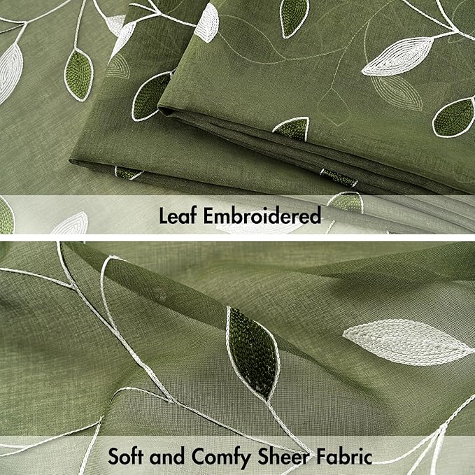 MIULEE Olive Green Sheer Curtains 2 Panels Embroidered Leaf Patterned Rod Pocket Floral Semi Faux Linen Window Curtains Drapes Set for Living Room Bedroom Dining Room, 52x63 Inches Long
