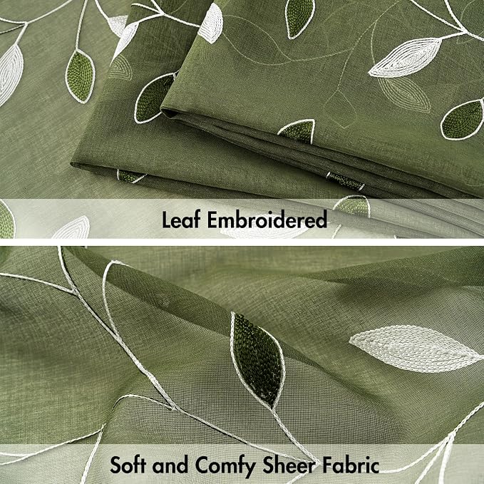 MIULEE Olive Green Sheer Curtains 2 Panels Embroidered Leaf Patterned Rod Pocket Floral Semi Faux Linen Window Curtains Drapes Set for Living Room Bedroom Dining Room, 52x96 Inches Long