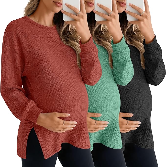 3 Pack Women's Maternity Shirts Long Sleeve Waffle Knit Side Split Oversized Tops Pregnancy Clothes Fall Tees