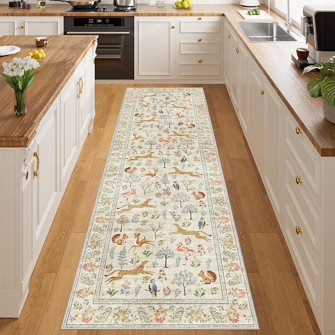 DUKINO 2.6x8 Rug for Hallway, Washable Kitchen Runner Rug Non Slip, Beige | Low Pile, Stain Resistant, Soft Animal Indoor Carpet Runner for Entryway, Bedroom, Bathroom, Laundry, Lightweight, Home Decor