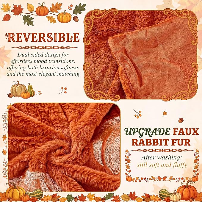 Tegeme Fall Halloween Pumpkin Throw Blanket 50" x 60", 3D Pumpkin Pattern Faux Rabbit Fur Fleece Blanket, Soft Cozy Rust Autumn Throw for Couch Sofa Bed, Thanksgiving Gift for Women Mom(Light Orange)