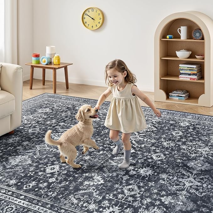 8x10 Area Rugs for Living Room, Black Washable Non-Slip Large Carpet | Soft Area Rug for Bedroom Dining Room Home Office Indoor Nursery, Stain Resistant, Low Pile, Vintage Boho Distressed Rug