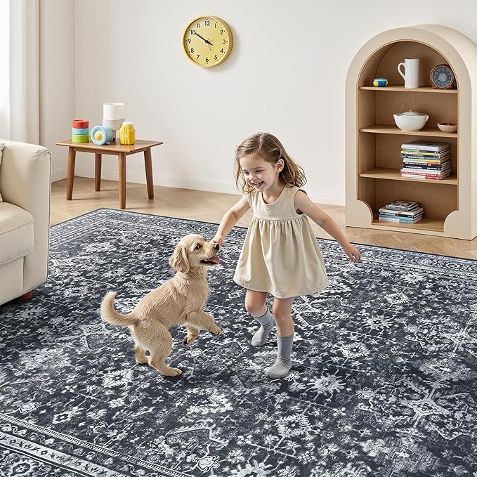 9x12 Area Rugs for Living Room, Black Washable Non-Slip Large Carpet | Soft Area Rug for Bedroom Dining Room Home Office Indoor Nursery, Stain Resistant, Low Pile, Vintage Boho Distressed Rug
