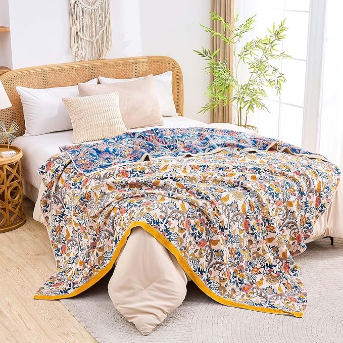 XIBLC Boho Blanket Throw Quilt, 100% Cotton Soft Light Weight Throw Blankets for Summer, 80"x90" Farmhouse Flower Decorative Blankets, All Season Rustic Reversible Bohemian Throw Quilt